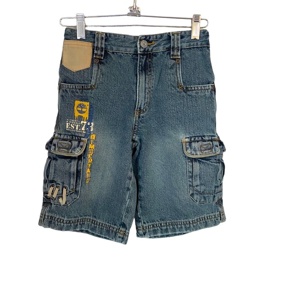 Timberland Boys Cargo Bermuda Denim Shorts Sz 5 100% Cotton Snap Button Closure - Picture 1 of 9
